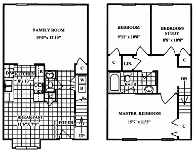 Floor plan for 3 beds, 1.5 baths, 1259 sqft